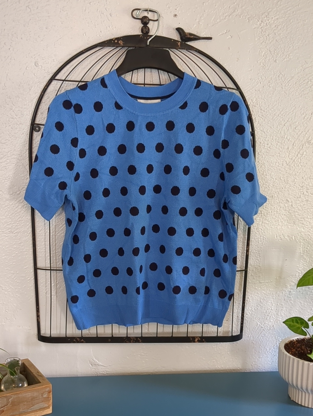 NWT Free Assembly Blue Polka Dot Short-Sleeve Women's Sweater. Size XL (16-18).